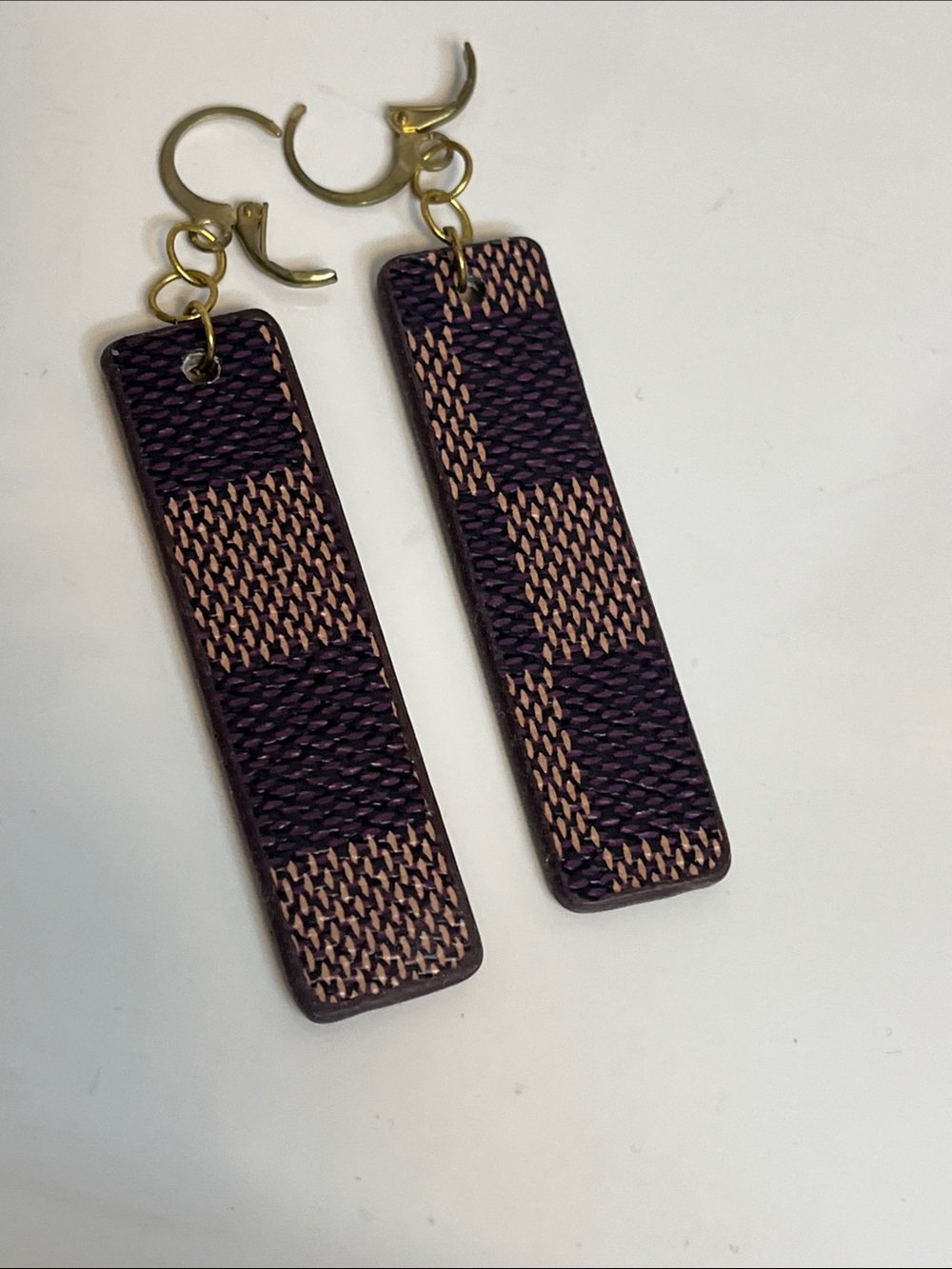 Checker-Pattern Rectangular Drop Earrings in Brown & Tan